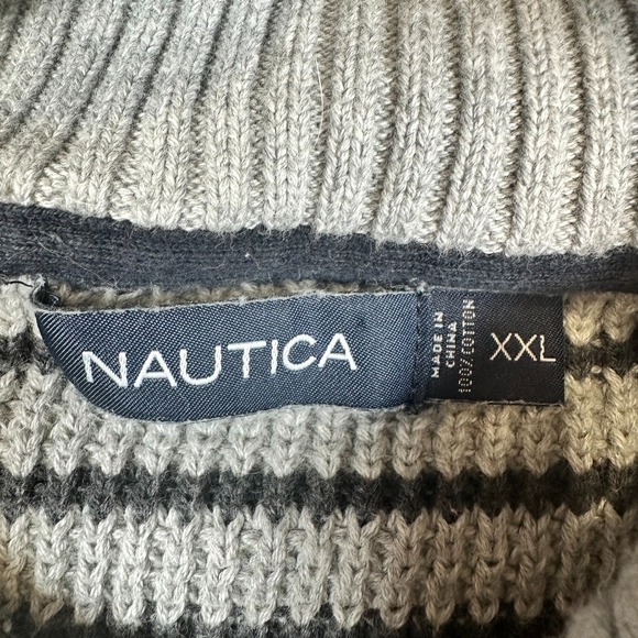 Nautica Shawl Collar Striped Mens‎ Sweater Sz XXL Gray Stretchy Embroidered Logo - Picture 6 of 11